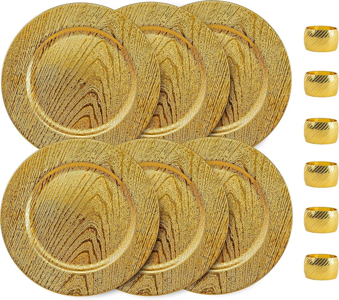 13 Inch Round Elegant Serve ware Charger Plates with Matching Napkin Rings, Wedding, Dinner party, Event - Choose from our Variety of Styles and Quantities (6, Moslem Gold)