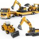 Pupu Pig Kids Toys for 3 4 5 6 7 Years Old Boys, Die-cast Construction Toys Set w/Semi Truck, Excavator, Bulldozer, Alloy Engineering Construction Vehicles Truck Toys w/Lights & Sounds, Model Cars