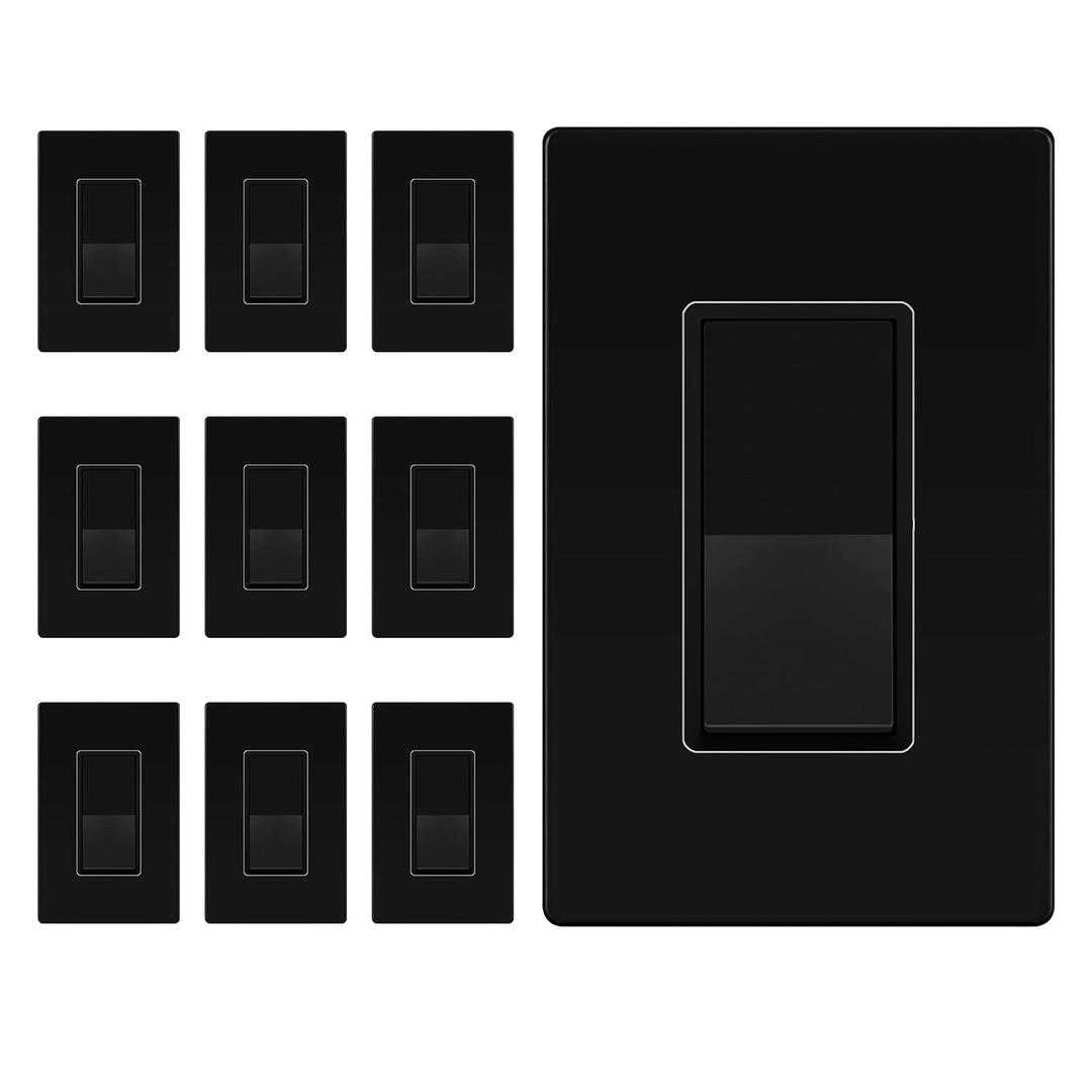 ENERLITES Matte Black Light Switch with Screwless Wall Plate, Decorator Paddle Rocker Wall Switch, Single Pole, Grounding Screw, Residential Grade, 15A 120V/277V, UL Listed, 91150-MBK10P (10 Pack)