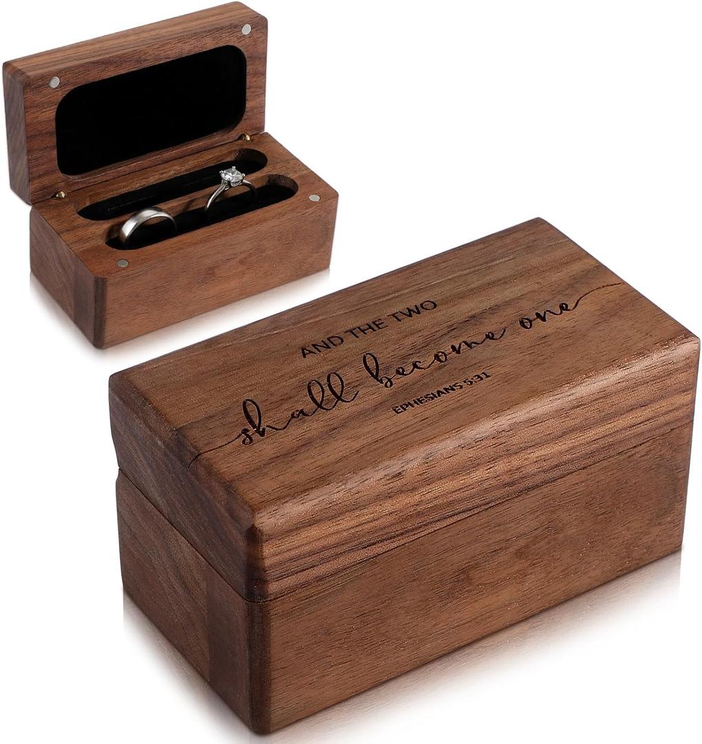 Nosiny Black Walnut Wooden Ring Box Engagement Ring Box Engraved Jewelry Holder with 2 Slots for Proposal Wedding Engagement Ceremony Daily Storage Organizer Keepsake Gift for Couples Newlyweds Women