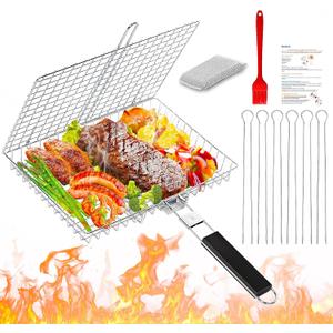 Grill Basket for Outdoor Grill, Stainless Steel Grilling Basket with Foldable Handle, Portable BBQ Cooking Rack for Fish, Vegetables, Shrimp, Chicken - Includes BBQ Skewers 6pcs,Basting Brush,Scrub Sponge-Upgrade