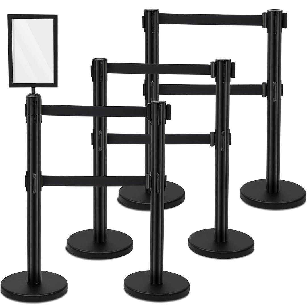 Therwen 6 Pcs Crowd Control Stanchions Set, Double Retractable Safety Belt, Heavy Duty Stainless Steel Crowd Control Barrier, Solid Metal Base, Easy Connect Assembly (16.4 ft,Black)