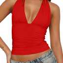 LCNBA Women's Sexy Backless Tie Up Halter Crop Top Deep V Neck Going Out Tops Red XSmall