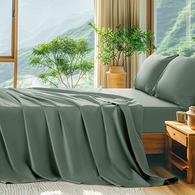 SONORO KATE 100% Egyptian Cotton Sheets Queen Size - 600 Thread Count, Luxury Hotel Quality Bedding Set, Soft Cooling Sateen Weave Bed Sheet Sets, 16" Deep Pocket - 4 PC(Sea Glass,Queen)