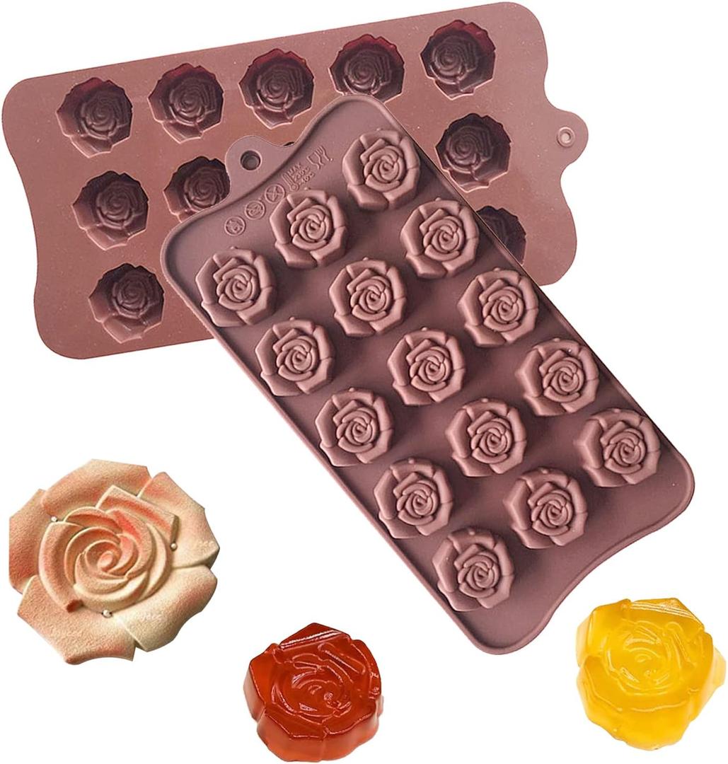 2 Pack Valentine's Day Silicone Molds Chocolate Candy Mold Rose Flower Baking Molds Non-stick Silicone Tray Fancy Shapes for Fat Bombs, Caramels, Jello, Gummy, Truffles, Ice Cubes