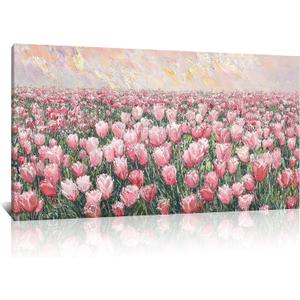 Kalormore Tulip Flower Framed Canvas Wall Art Modern Wildflower Wall Decor Large Elegant Floral Artwork for Living Room Bedroom Office (Pink), 48"L x 24"W