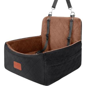 WOOAIDAGG Dog Car Seat for Small Dogs Under 30lbs,Ultra Soft Fabric & Memory Foam Pet Travel Car Bed,Washable & Detachable,Anti-Slip Bottom,2 Storage Pockets and Safety Tethers(Black/Brown)