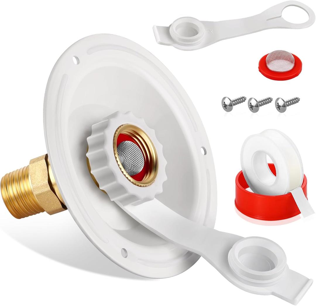 RV City Water Fill Inlet Flange Check Valve Water Hookup Connector 3/4 NH Female to 1/2 NPT Male Mount Lead-Free Brass Flush RV Water Backflow Preventer with Dust Plug for RV Camper Motorhome (White-big flange)