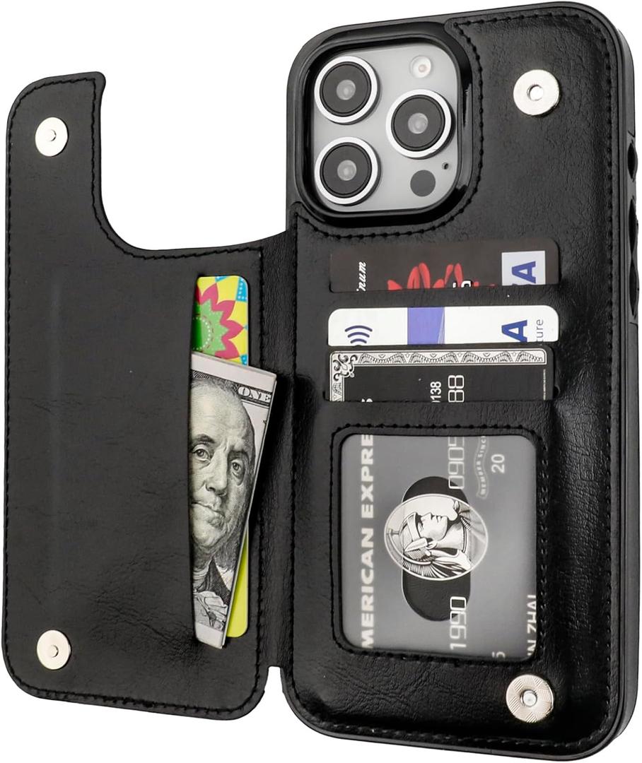 ONETOP Compatible with iPhone 16 Pro Max Wallet Case with Card Holder, PU Leather Kickstand Card Slots Case, Double Magnetic Clasp and Durable Shockproof Cover 6.9 Inch (Black)
