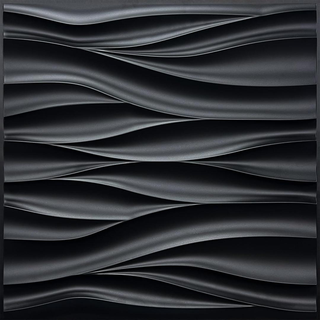 12 x STICKGOO Black 3D Wall Panels, Wave Design Textured PVC Wall Panels, 19.7''x19.7'' Modern Accent Wall Panels for Interior Wall Decor Bedroom Office Living Room