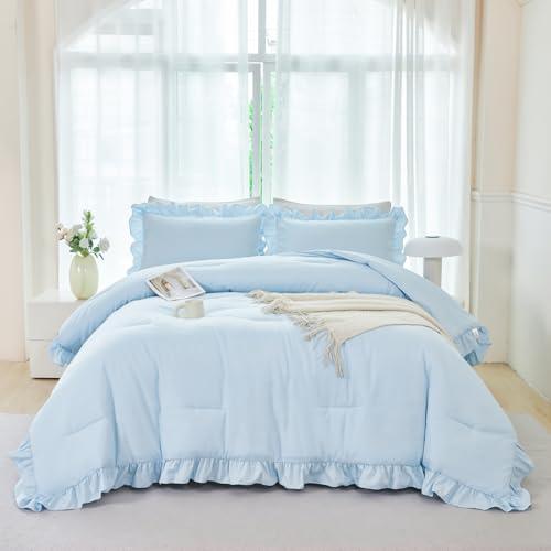 ANGIYUIN 5Pcs Queen Size Comforter Sets Light Blue Ruffle Bedding Sets Vintage Farmhouse Bed Sets Solid Elegance Boho Bed in A Bag for Girls Women（Light Blue Queen）