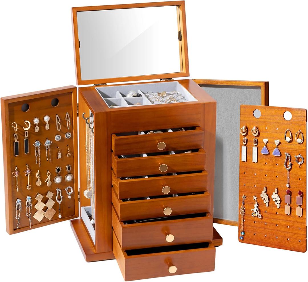 ProCase Large Jewelry Box, 7-Layer Wooden Jewelry Boxes for Women, Jewellery Holder Organizer Storage Case with Mirror for Earrings Necklace for Dresser -Brown