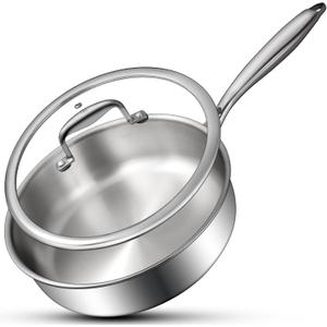 Tri-Ply Stainless Steel Frying Pan 3QT, 10 Inch Deep Frying Pan with lids, Skillet, Induction Cooking Pan, Dishwasher and Oven Safe, Fast & Even Heat, Heavy Duty and Detachable Handle