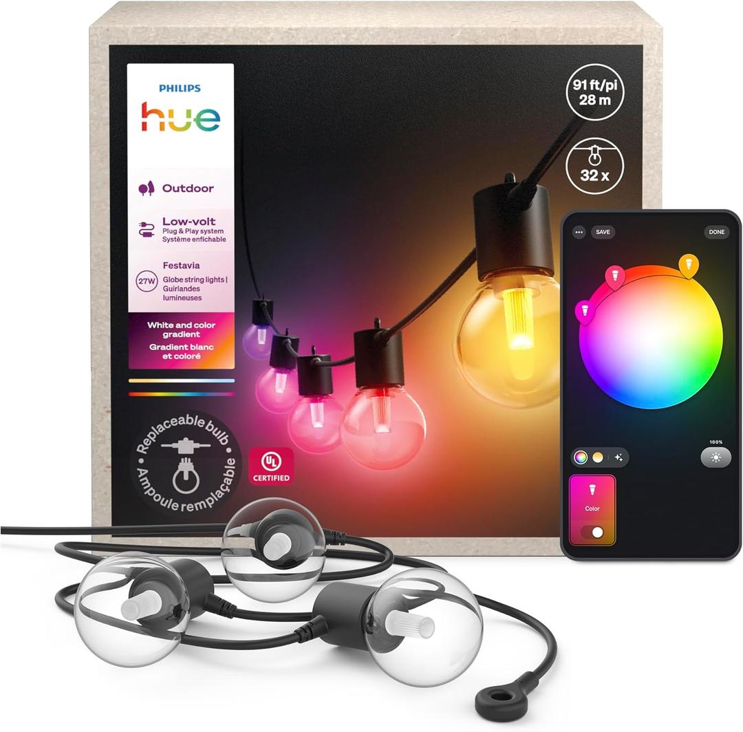 Philips Hue Festavia Globe Outdoor String Lights, White and Color Ambiance, 91ft, 32 Bulbs, Dimmable, Control with Hue App, Compatible with Alexa, Google Assistant, Apple Home