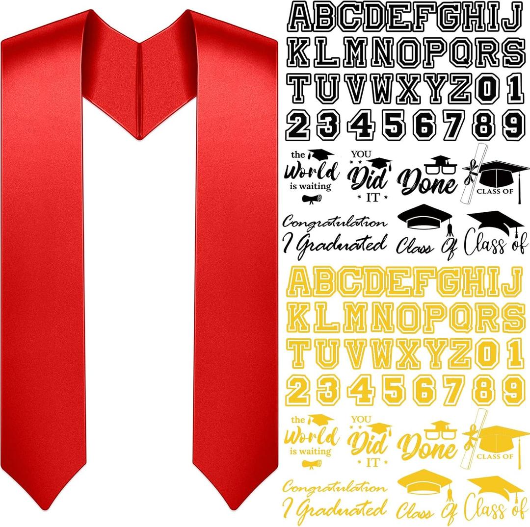 Spakon Unisex Adult Plain Graduation Stole with a to Z Letter 0 to 9 Number Graduation Pattern Badge Decorate Repair Patches(Red)