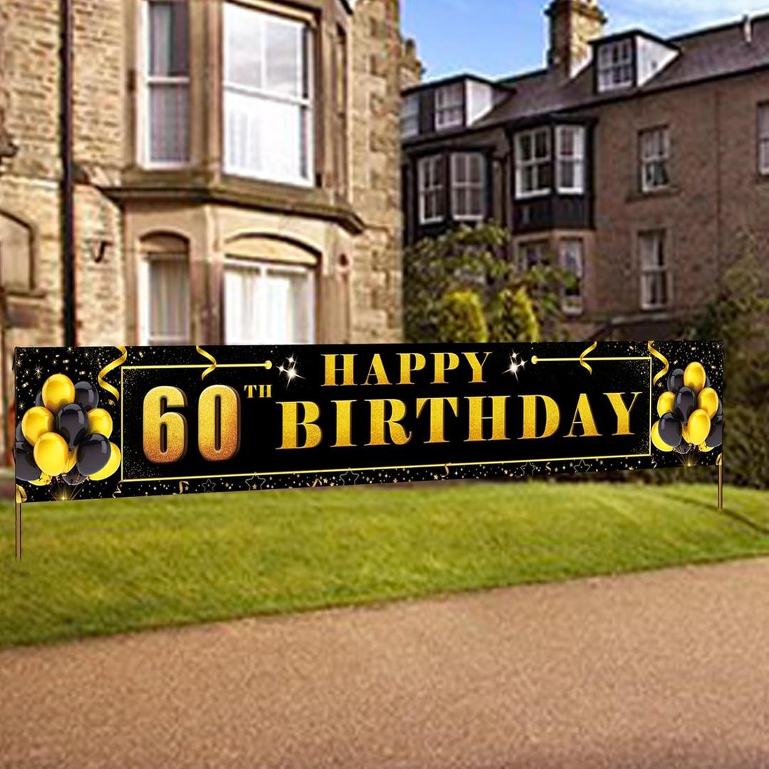 Happy 60th Birthday Background Banner 118.2"X19.7" Super Large Birthday Sign Poster for Men and Women Anniversary Party Photo Booth Background Banner Decorative Supplies (Black and Gold)