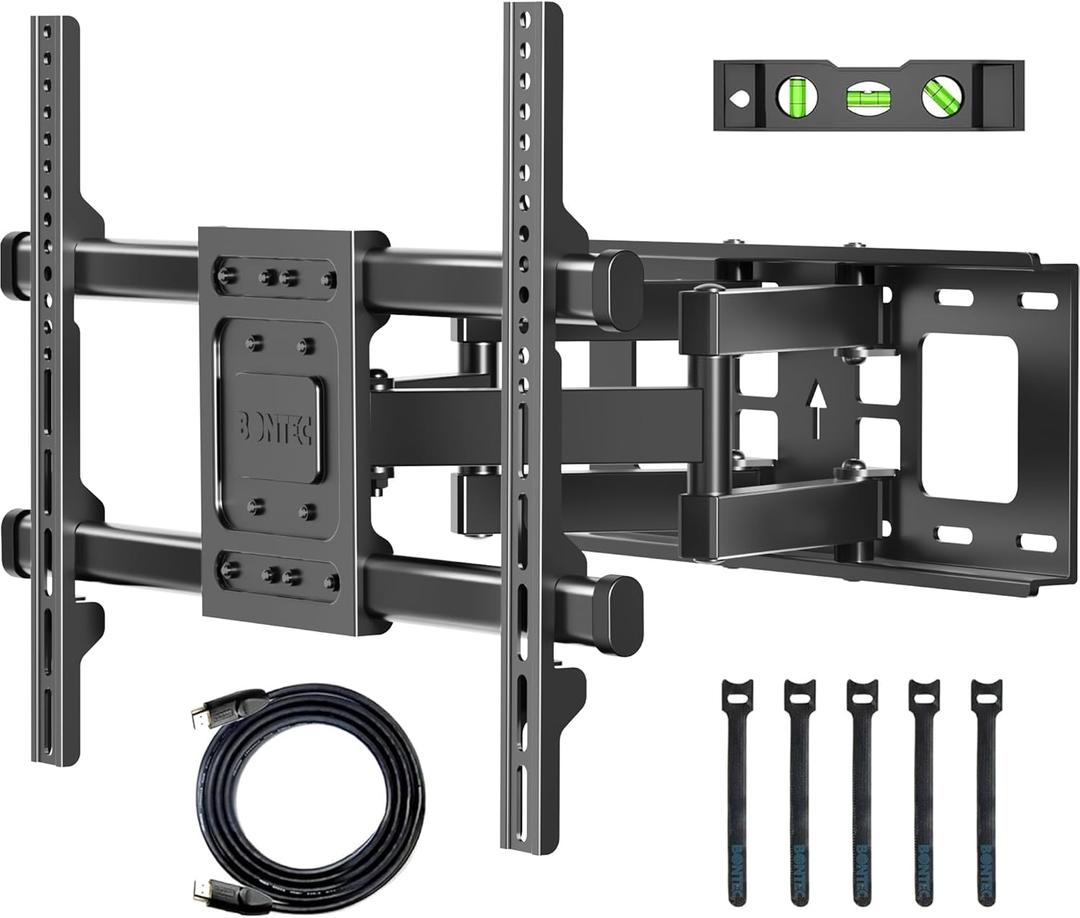 BONTEC Full Motion TV Wall Mount for 37-84 Inch TVs, Hold up to 132lbs, Max VESA 600x400mm, Swivel Tilt Dual Arms, Adjustable Viewing Angle, Fits 16" Wood Studs, Easy Assembly, CT135B