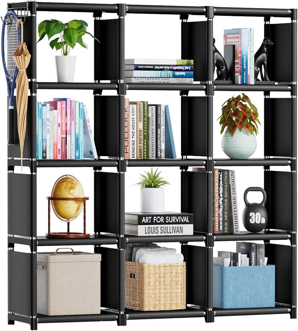 Mavivegue Book Shelf, 12 Cube Storage Organizer, DIY Bookcase, Metal Cube Bookshelf, Cubbies Closet Storage Organizer Shelves for Bedroom,Living Room,Home,Office (12-Grid, Black)