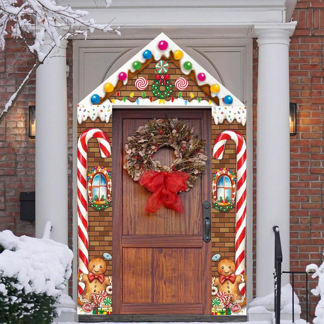 3 Pcs Christmas Gingerbread Door Decorations Set  Merry Christmas Porch Banners with Candy House Design, Polyester Xmas Door Covers for Classroom, Home, Party, Outdoor Holiday Decor