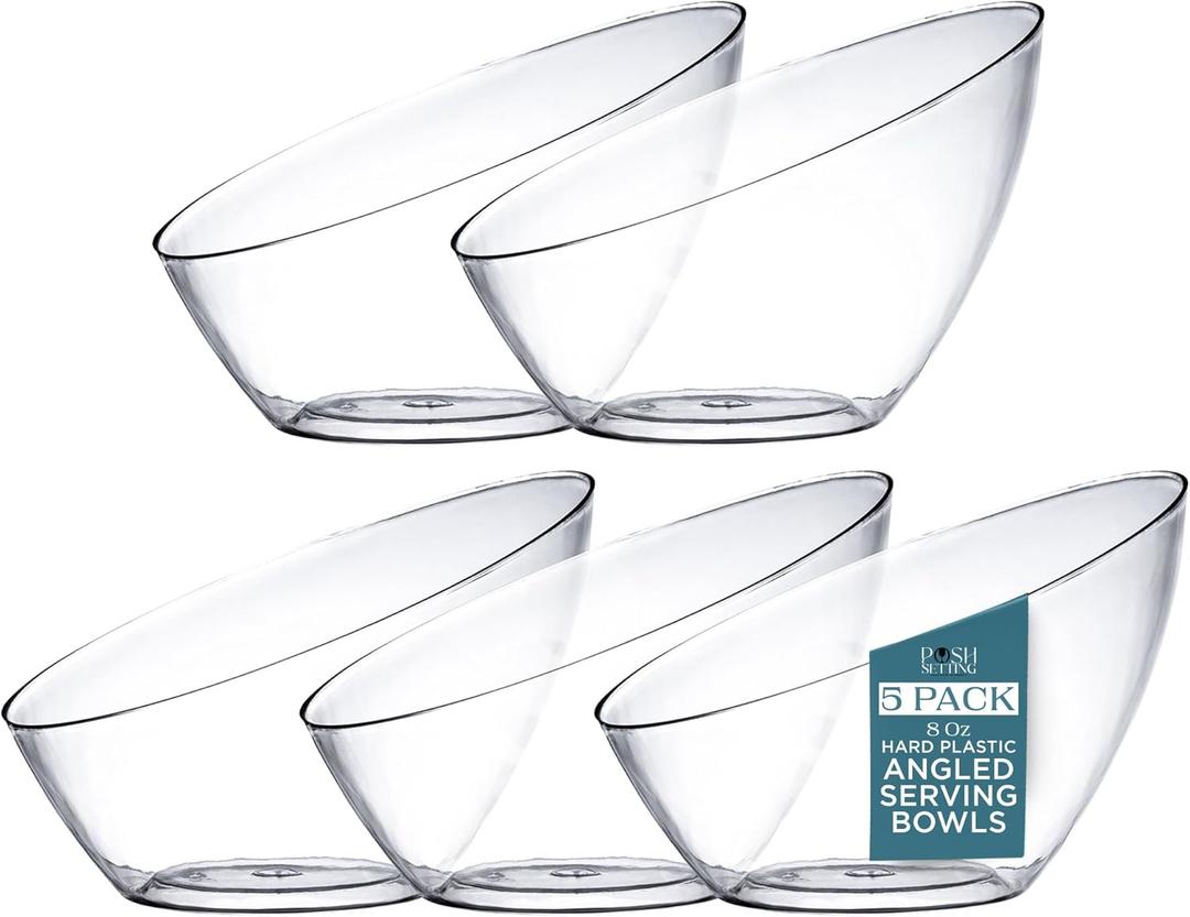Posh Setting Clear Serving Bowls Small Hard Plastic Candy Bowl for Weddings, Buffet, Offices, Disposable Small Angled Bowls for Party's, Salads, Snacks and Fruit Bowl 5 Pack (Small 8 OZ)