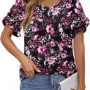CRAZY GRID Women's Shirts Summer Casual Crewneck Ruffle Short Sleeve Blouses Cute Floral Print Tunic Tops (XXXL)