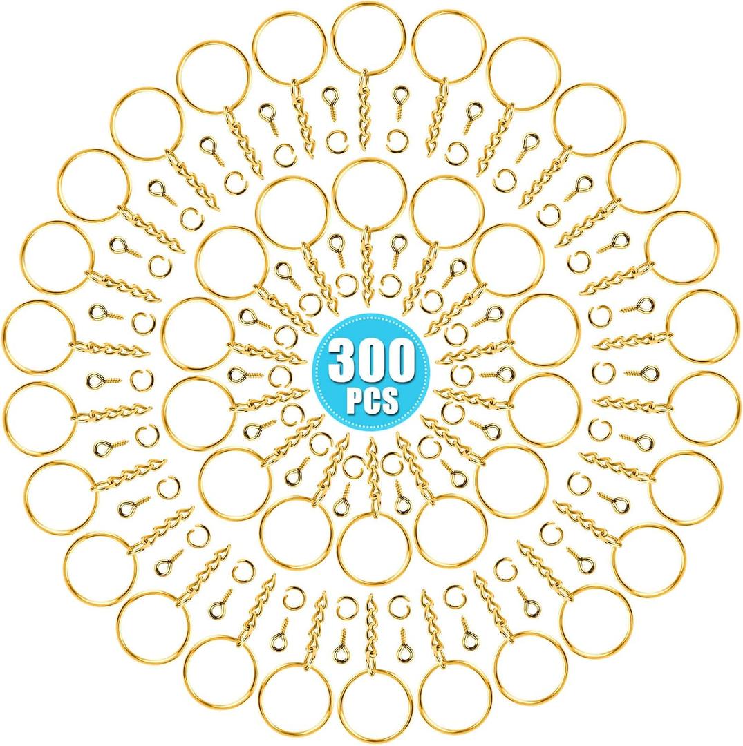 Keychain Rings Kit for Crafts Gold, PAXCOO Includes 100Pcs Split Key Ring with Chain, 100pcs Jump Rings and 100pcs Screw Eye Pins for Resin Keychain Making