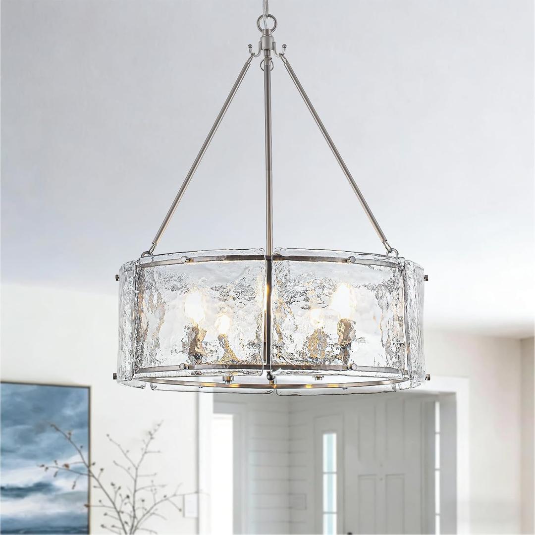Brushed Nickel Modern Drum Chandelier, 5-Light Dining Room Light Fixture with Textured Clear Patterned Glass Shade, Hanging Pendant Light for Foyer, Kitchen Island, Living Room,Bathroom, 20"L x 20"W x 73"H