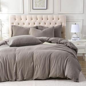Muslin Duvet Cover Queen Size, 100% Washed Cotton Duvet Cover Set, Ultra Soft Comforter Cover Linen Like, 3 Pieces Minimalist Gauze Duvet Cover with 2 Pillowcases, 90"x90", Gray