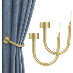 KAMANINA Curtain Holdbacks for Wall, Warm Gold Curtain Tiebacks Wall Mounted, Curtain Hooks Holders for Drapes, Modern Cap Finials (2 Pack)