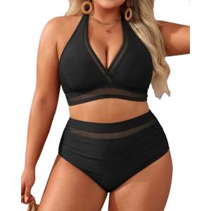 Tempt Me Women Plus Size Bikini High Waisted Swimsuits Mesh Tummy Control Two Piece Bathing Suit (Black)