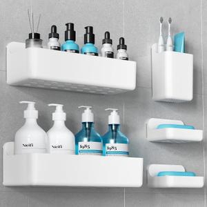 Nieifi Adhesive Wall Shelf, Shower Sheves 5 Pack with Soap Holder, Shower Organizer for Bathroom Organization, White