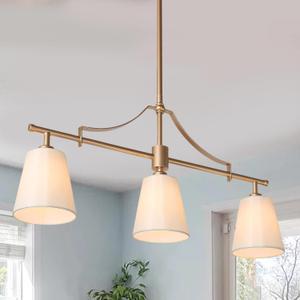 Gold Chandeliers for Dining Room, Modern 3 Light Linear Island Light Fixtures with Fabric Shades for Kitchen, Bedroom, Living Room