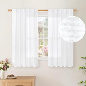 BGment 40 Inch Length White Linen Curtains for Kitchen Cafe Window, Short Semi Sheer Drapes Light Filtering with Rod Pocket Back Tab for Bedroom Bathroom, 2 Panels, 42 X 40 Inch