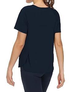 THE GYM PEOPLE Women's Short Sleeve Workout Shirts Breathable Yoga T-Shirts with Side Slits Athletic Tee Tops Dark Blue, Size Large