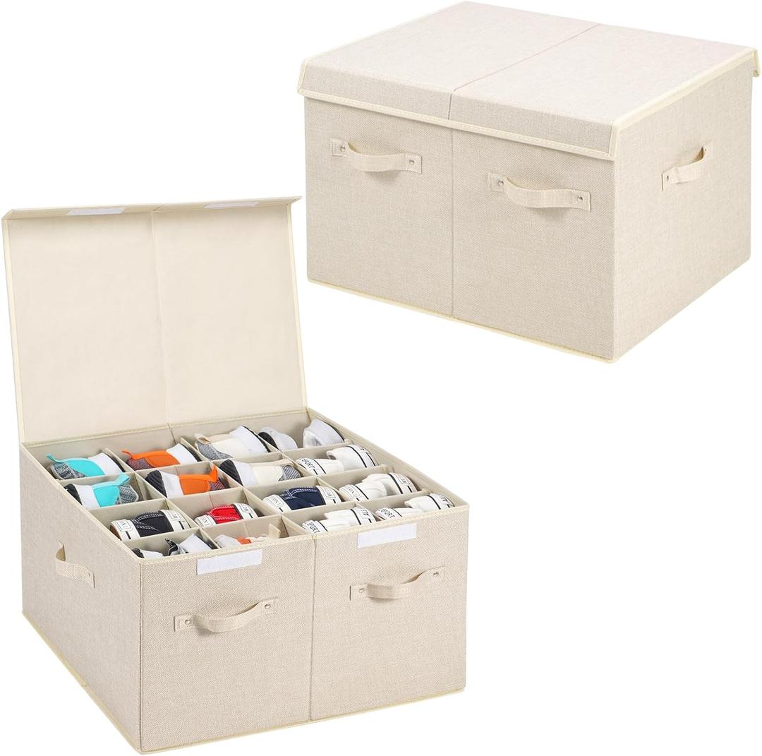 2 Pack Shoe Storage Organizer for Closet Fits 32 Pairs, Large Shoe Storage Box Bins with Adjustable Dividers and Lid for Sandals, Sneakers and High Heeled, Stackable and Foldable (Cream)