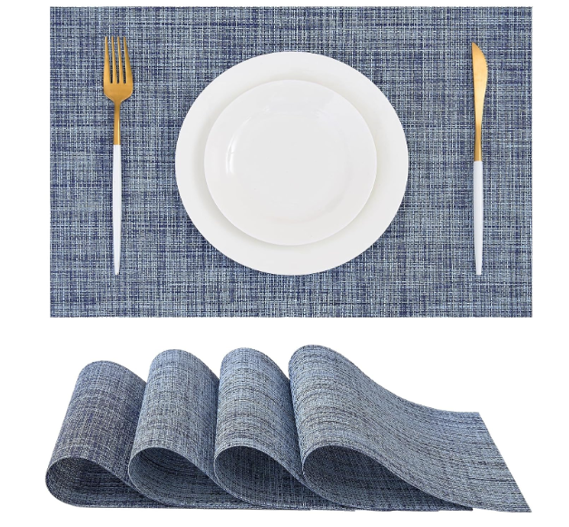 Leetaltree Deep Navy Woven Placemats Set of 4 - Heat Resistant Non-Slip Place mats for Dining Table, Washable Durable PVC Vinyl Woven Table Mats(Deep Navy, 4)