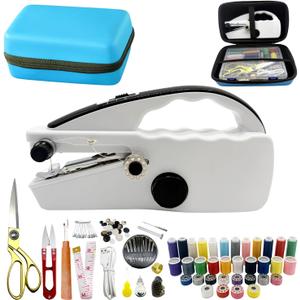 Heavy Duty Handheld Sewing Machine with 110 PCS Sewing Kit & Blue Leather Case, Mini Portable Hand Held Sewing Machine for Adults and Beginners, for Mending Clothes, DIY Projects, at Home or on the Go