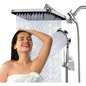 Ashwanth Shower Head,14Rain Shower Head with Handheld Spray Combo with ON/OFF Pause Switch and 11'' Angle Adjustable Extension Arm, Silver, QY-HST-1