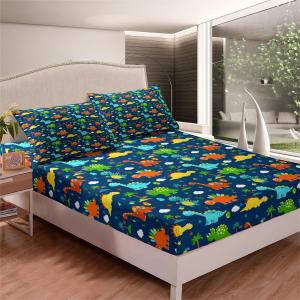 Kids Fitted Sheet Cute Cartoon Dinosaur Bed Sheet Set King for Boys Children Bedroom Decor Jungle Animals Dino Bedding Set Soft Bright Colorful Bed Cover with 2 Pillow Case (Flat Sheet Not Included) (Navy Blue)