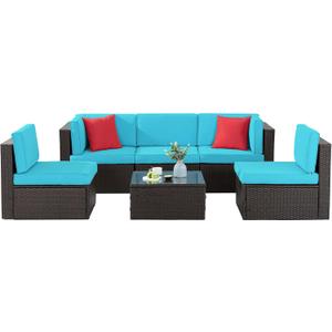 Shintenchi 6 Pieces Patio Furniture Sets Outdoor All-Weather Sectional Patio Sofa Set PE Rattan Manual Weaving Wicker Patio Conversation Set with Glass Table & Ottoman Cushion and Red Pillows, Blue
