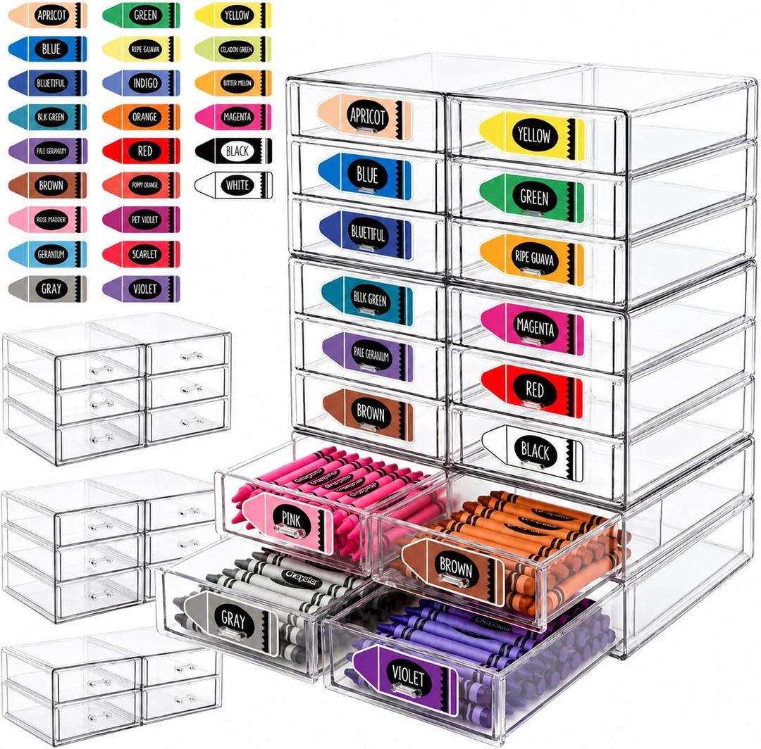 18 Pack Crayon Organizer for Classroom Stackable Crayon Storage Drawers with 24 Stickers Plastic Desktop Pen Art Craft Organization and Makeup Organizer for Classroom Stationery Office