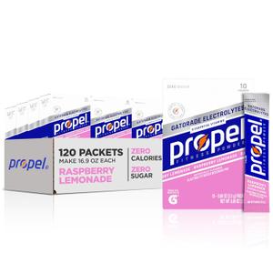 Propel Electrolyte Enhanced Water Drink Mix Powder Packets, Raspberry Lemonade, Zero Calorie & Zero Sugar Hydration with Electrolytes and Vitamins C & E (120 Packets)