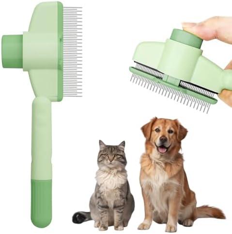 Pet Hair Removal Tool Comb Flea Comb, Pet Comb Grooming Brush for Dogs & Cats, Self Cleaning Pet Comb with Long & Short Stainless Steel Metal Teeth (Green)