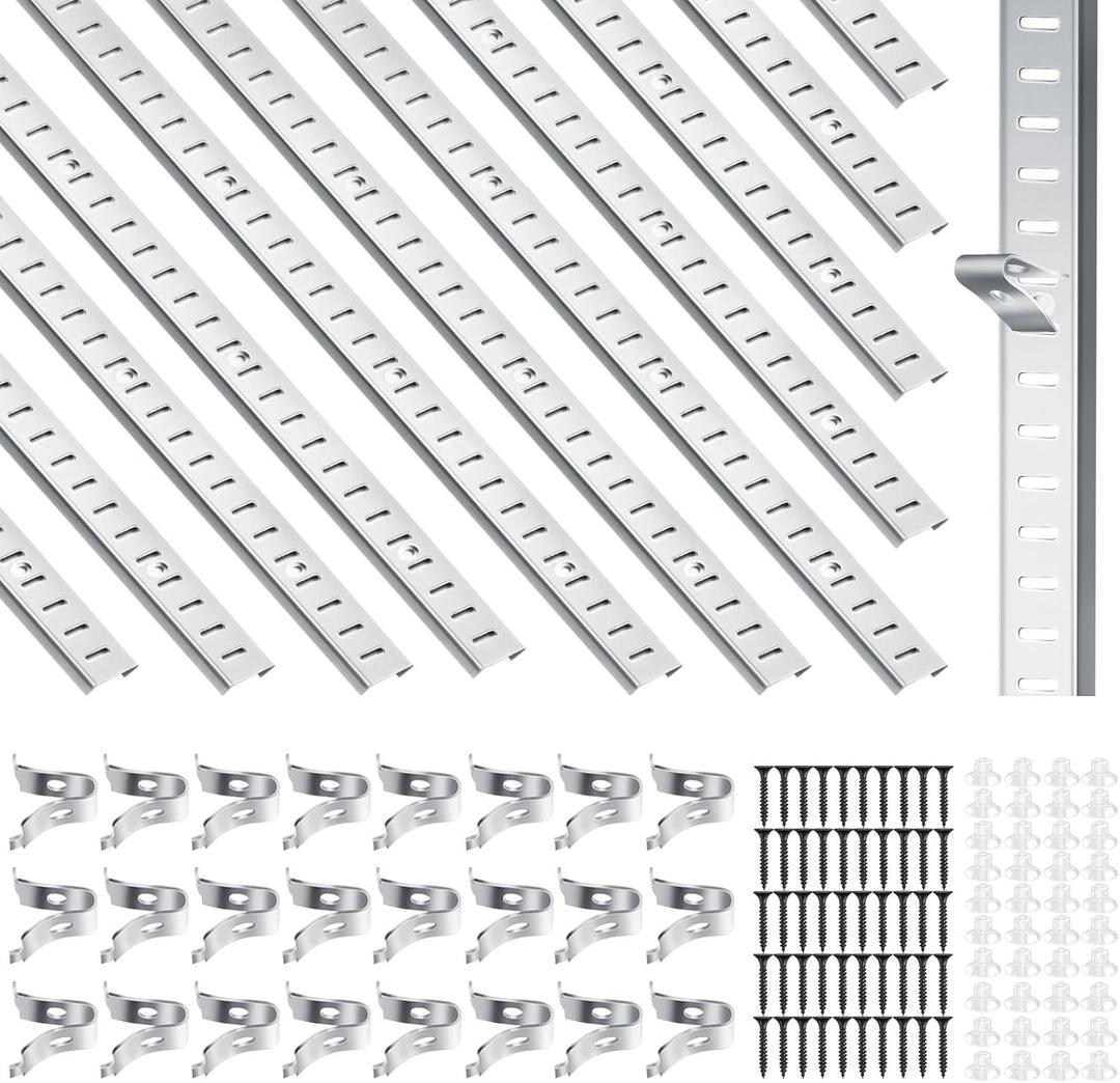 12 Pcs 16 Inch Shelf Pilaster Tracks with 24 Pcs Shelf Clips Adjustable Metal Rail Mortise Mount Pilaster Strip for Wall Bookcases Shelving System Closet Organization