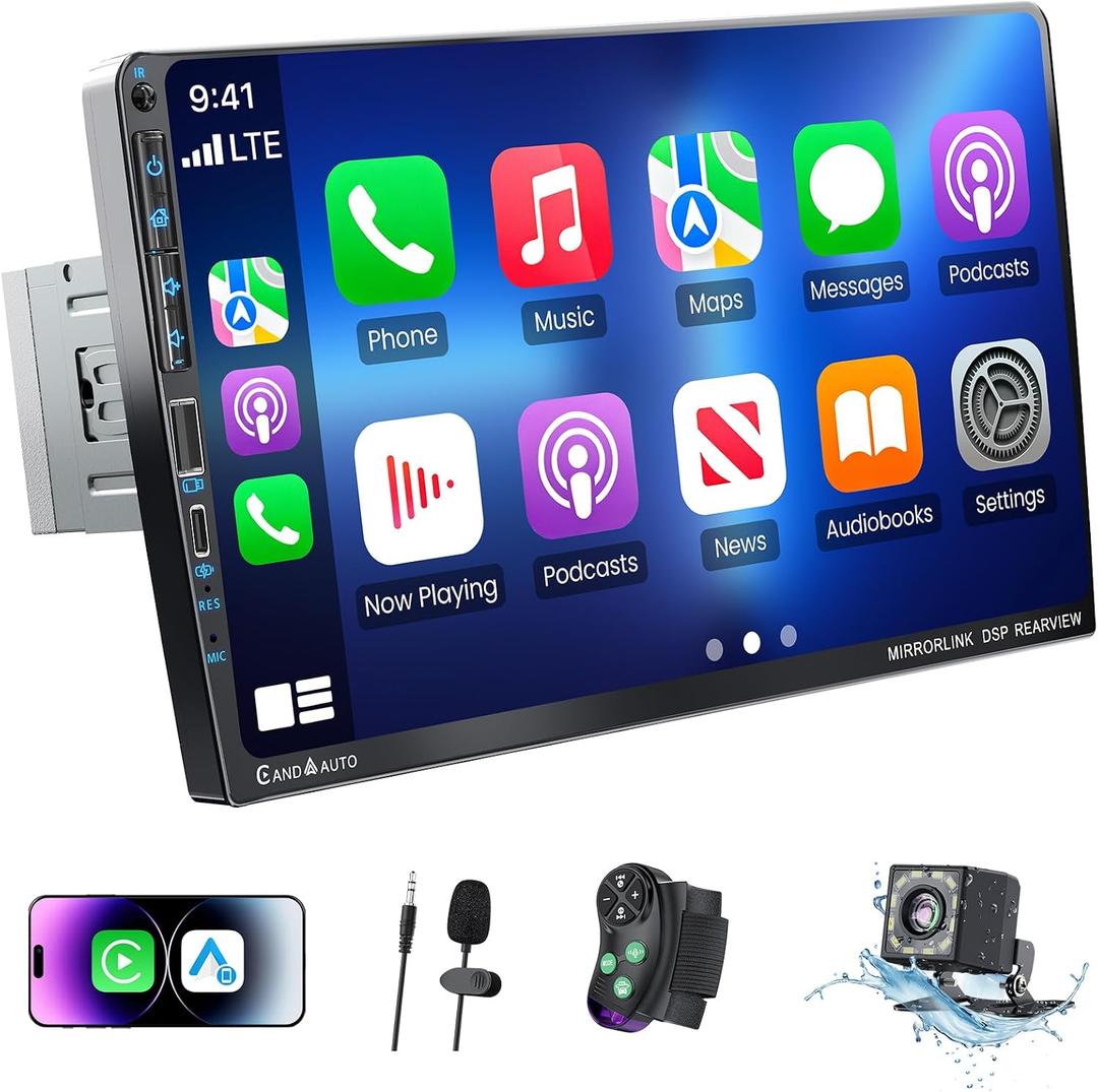 9" Single DIN Car Stereo with Wireless Apple CarPlay and Android Auto,UHD Car Radio IPS Touchscreen,1080P Back Camera,Mirror Link, Voice Control, Bluetooth 5.3,GPS,AM&FM,Type-C (9016-with Camera)