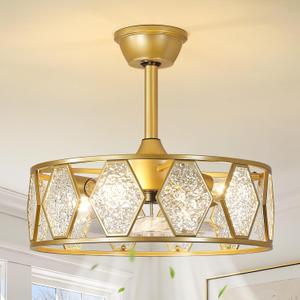 RUIYEY Crystal Ceiling Fans with Lights: 19 inch Gold Caged Fandelier Ceiling Fan with Remote, Height Adjustable Reversible 7 Blades 6 Speeds E26 4 Light Modern Flush Mount Ceiling Light for Bedroom