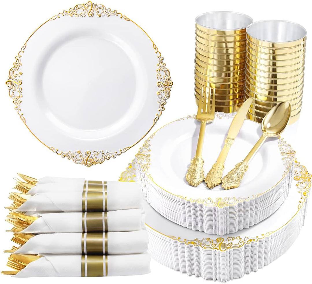 Nervure 350PCS Gold Plastic Plates - Gold Plastic Dinnerware Sets for 50 Guests - 100 Disposable Plates, 150 Silverware, 50 Cups, 50 Napkins for Wedding & Party & Father's Day