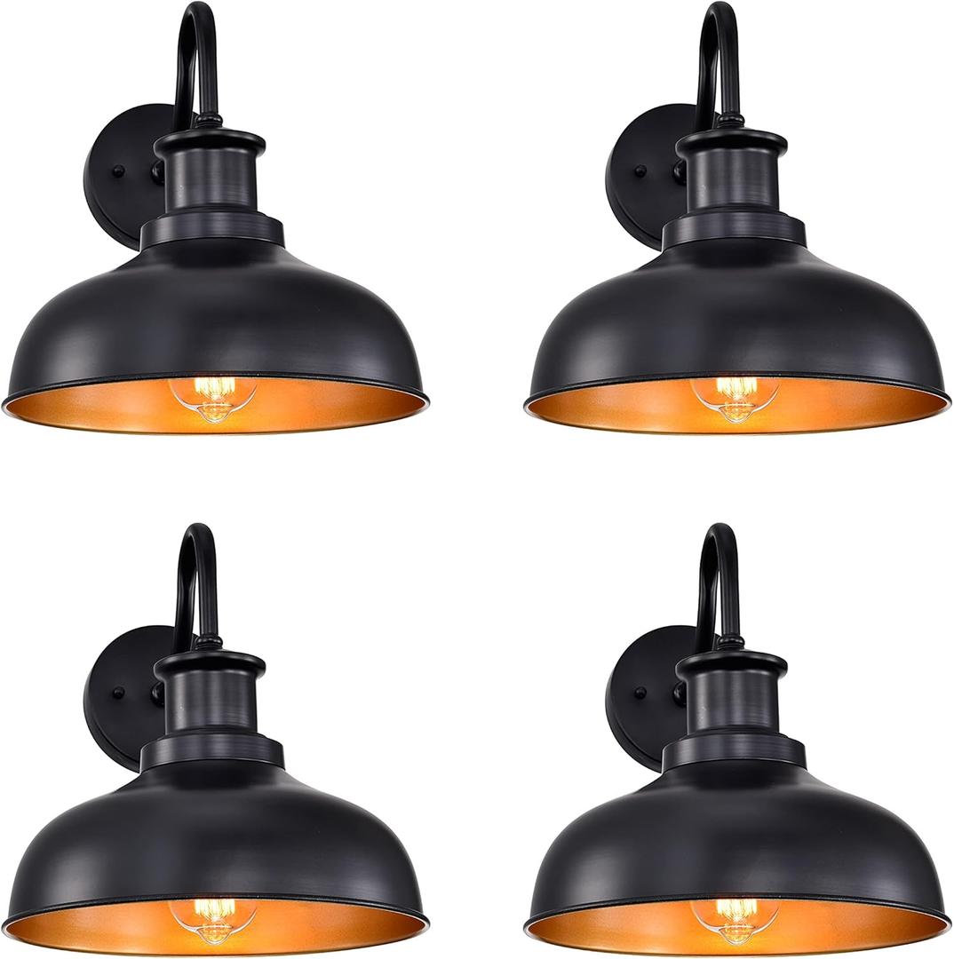Outdoor Barn Lights, Farmhouse Outdoor Wall Sconces, Rustic Exterior Wall Mount Lights, Vintage Outside Lighting Fixtures, Industrial Black Gold Lanterns for Porch Garage Patio, 4 Pack (03RZ007-4 PACK (Not Dusk to Dawn)