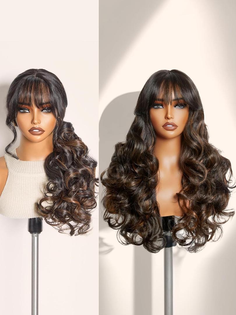 GORGIUS Glueless Wavy Wig with Bangs Highlight Brown Synthetic Curtain Bang Wig with Realistic Scalp 22 Inch (#2B30 Brown HighlightsBody Wave)