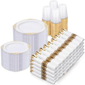 Nervure 700PCS Gold Plastic Plates - Gold Plastic Dinnerware Sets for 100 Guests - 200 Disposable Plates, 300 Silverware, 100 Cups, 100 Napkins for Wedding & Party (White and Gold)
